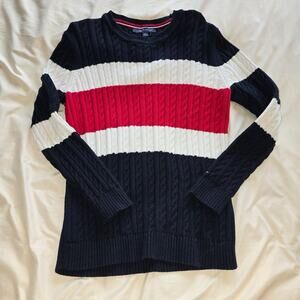 Tommy Hilfiger Cable Knit Stripe Sweater Navy Red White Crew Neck Women's XL USA